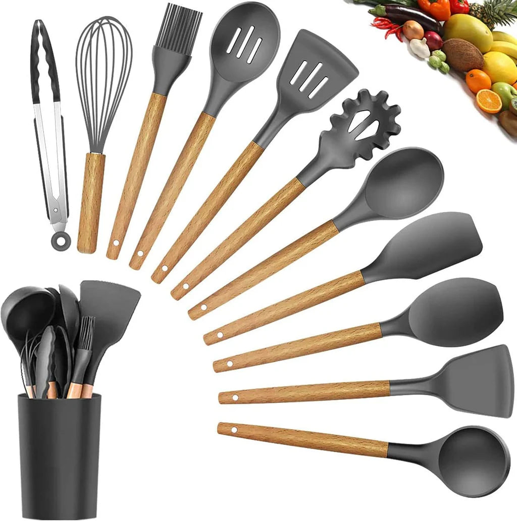 Kitchen Set, 12 Pieces, Silicone Spatulas and Spoons, Heat Resistant, Wooden Handles (Black)